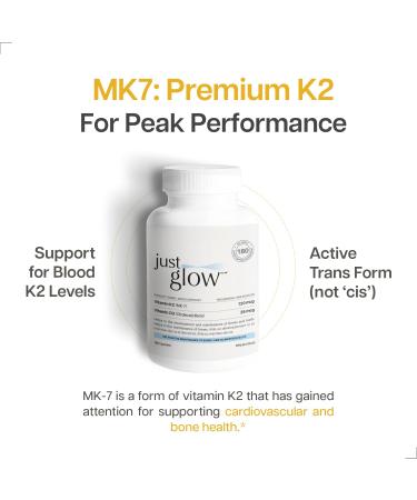Just Glow Vitamin High-Potency K2 + D3 Supplement - 120mcg (MK-7) / 1000 IU - 180 Capsules - Helps Support Bones Teeth and Immune Function - Made In Canada - Buy Online on GoSupps.com
