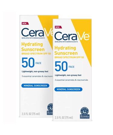 CeraVe 100% Mineral Sunscreen Spf 50 | Face Sunscreen With Zinc oxide & Titanium Dioxide for Sensitive Skin | 2.5 Oz 2 Pack 2.50 Ounce (Pack of 2)