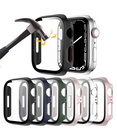 6 Pack Hard PC Case with Tempered Glass Screen Protector for Apple Watch 44mm SE(2022) Series 6/SE/5/4 Rontion Ultra-Thin Scratch Resistant Full Protective Bumper Cover for iWatch 44mm Accessories 44mm Black+Blue+Green+Starlight+Clear+Rose Gold