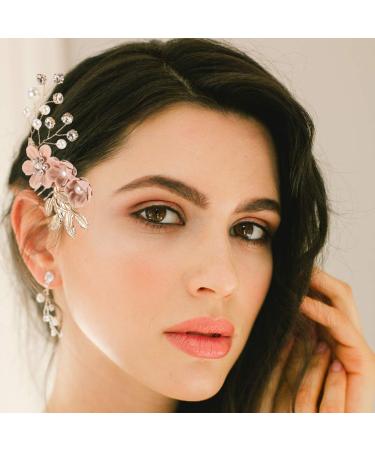Rose Gold Wedding Hair Comb Set - Pearl Crystal Bridal Accessories for Women and Bridesmaids - Pink Flower Rhinestone Head Pieces - Buy Online on GoSupps.com