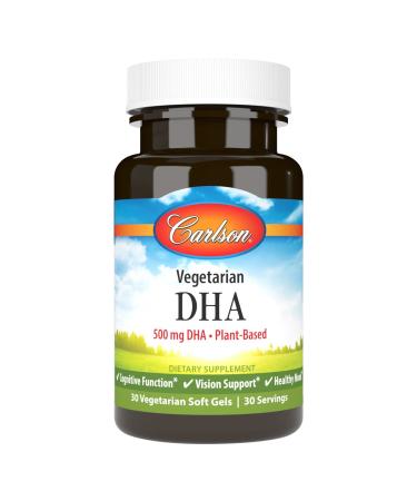 Carlson - Vegetarian DHA, 500 mg DHA, Plant Based, Sustainably Sourced from Algae, Brain Support, Mood Health, 30 Softgels