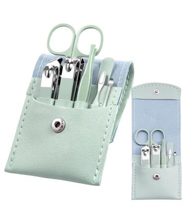 Manicure Set - 7 Pieces Professional Travel Nail Clippers with Green Leather Bag  Stainless Steel Nail Care Tools Grooming Kit for Women