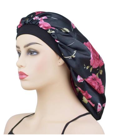 Satin Silk XL Bonnet for Long Hair | Women's Large Black+Rose Night Sleep Cap - Buy Online on GoSupps.com