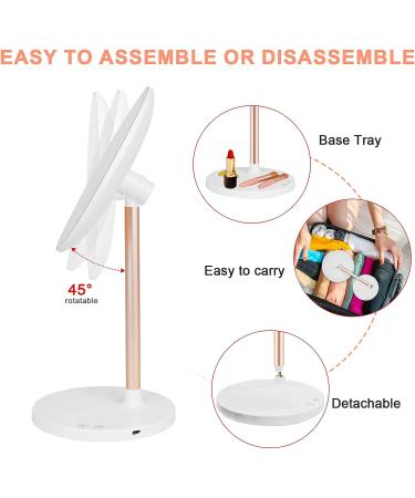LED Vanity Makeup Mirror with Bluetooth & Smart Touch | 3 Color Dimmable & USB Rechargeable | 45 Rotatable Design (White) - Ideal for Makeup Desk - Buy Online on GoSupps.com