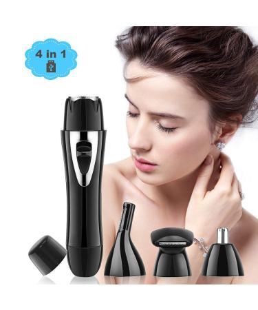 Painless 4 in 1 USB Rechargeable Waterproof Painless Facial Hair Eyebrow Nose Electric Trimmer for Women (Black)