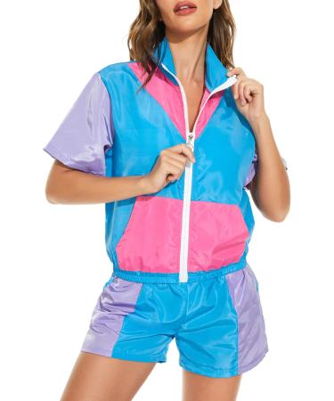 Yisfri Women's Color Block Windbreaker 2 Piece Outfits Short Sleeve Zip Front Elastic Waist Tracksuit Set X-Large Blue