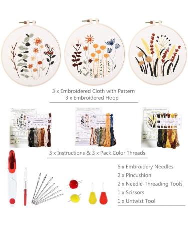 YINVA 3 Sets Embroidery Starter Kit - Beginner Cross Stitch Kit with Floral Patterns - Includes Instructions, Hoops, Floss, Fabric, Needles - Buy Online on GoSupps.com