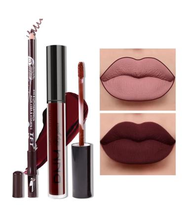 2pcs Matte Dark Red Lip Liner and Lipstick Makeup Set, Liquid Lipstick 24H and Lip Liner Set Matt Liquid Lips Make Up Waterproof Long Lasting Lipstick Matte Kit with Lip liner kit (05) kit05