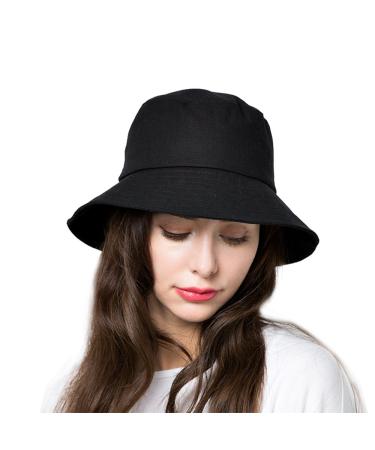 Cotton Bucket Hats for Women Sun Beach Hat Teens Girls Wide Brim Summer Fisherman's Caps UPF 50+ Black