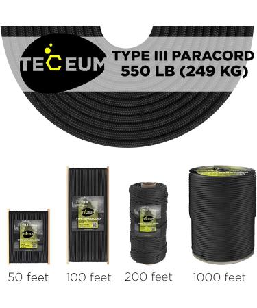 TECEUM Paracord 550 lb - 100 ft Black - Tactical Parachute Cord Type III for Crafting, Camping & Survival - 40 Colors - Strong Military Grade Rope - Buy Online on GoSupps.com