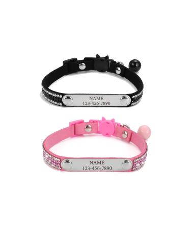 Mogokoyo 2-packing bells Cat neck band with name and telephone number personalized reflective cat neck band with safety lock adjustable collar for cat (style 2- black & pink)
