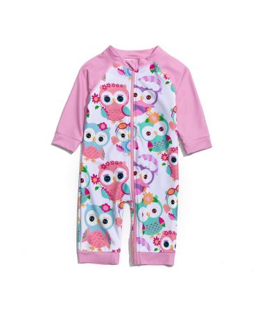 BONVERANO Baby Girls Swimsuit Toddler Bathing Suit Full-Length Zipper One Piece Swimwear with UPF 50+ Sun Protection Owl 18-24 Months