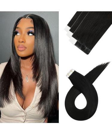 Black Tape in Hair Extensions Human 100% Real Remy Hair 50g 20pcs/Set Straight Seamless Invisible Tape in Hair Extensions Human Hair (18Inch  Natural Black) 18 Inch Natural Black