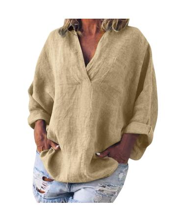 Linen Tops for Women UK Sale Casual Loose Short Sleeve T-Shirts V-Neck Retro Shirts Summer Tops Floral Print Oversized Tee Shirt Tunic Tops Business Office Blouse 3969-qppoj-1-khaki XXL