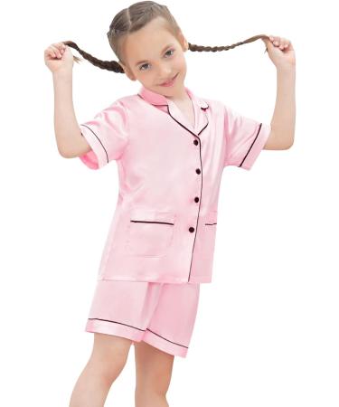 SWOMOG Kids Satin Pyjamas Set - Button-Down Short Sleeve Silk Nightwear for Girls Boys, 2 Piece Lounge Set, 8-9 Years, Pink - Buy Online on GoSupps.com