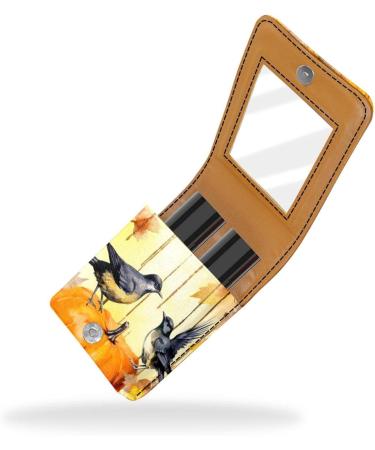 Lipstick Case - Stylish Leather Lip Gloss Organizer with Mirror | Mini Holder for Travel - Autumn Flowers & Pumpkins Design - Buy Online on GoSupps.com