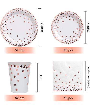 201 PCS Disposable Plates Rose Gold Party Supplies Polka Dots Paper Plates include 50 Dinner Plates 50 Dessert Plates 50 Napkins 50 Cups 1 Plastic Tablecloth for Baby Shower Wedding Birthday - Buy Online on GoSupps.com