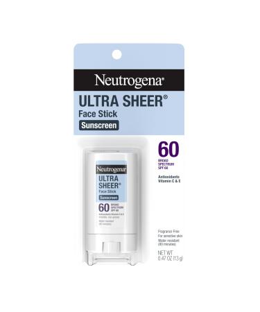 Neutrogena Ultra Sheer Face Sunscreen Stick SPF 60 Sensitive Skin Care Mess-Free Broad Spectrum Sun Protection Water Resistant Travel Size Sunscreen for Face Oxybenzone-Free .47 oz 0.47 Ounce (Pack of 1)