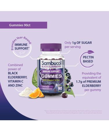 Sambucol Black Elderberry Gummies with Vitamin C & Zinc - Immune Support with High Antioxidants | Gluten Free & Vegan Elderberry Gummies for Adults - 90 Count - Buy Online on GoSupps.com