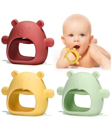 Silicone Teething Toys for Babies 0-6 Months - 3 Pack Never Drop Bear Buddy Hand Teether Mitten for Toddlers 6-12 Months Mushroom Infant Chew Toy for Teething Relief - Dishwasher & Freezer Safe Claret & Yellow & Green