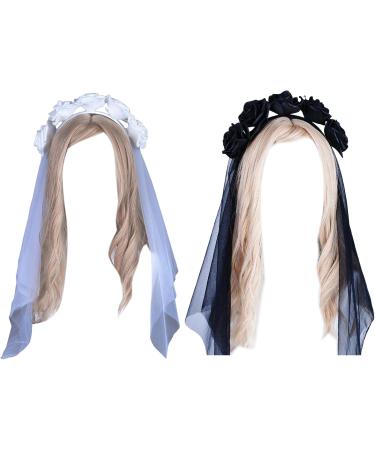amangul Halloween Long Veil Headband Day of The Dead Rose Flower Veil Hairband Cosplay Costume Headpiece Women Hair Decoration(Black) - Buy Online on GoSupps.com