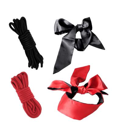 4 set Soft Cotton Rope Binding Ropes 5m Length 8mm Thick Multipurpose Durable Long Rope 2pcs (BLACK/RED) +2 pcs Silk Satin Blindfold Eye mask for Sleeping Games Black Red