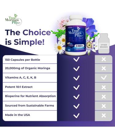 True Moringa Plus+ Sleep Support Supplement 10:1 Extract | 20 000mg of Organic Moringa Chamomile Passion Flower Valerian Root Hibiscus for Relaxation | Natural Sleep Aid for Adults (150 Capsules) - Buy Online on GoSupps.com