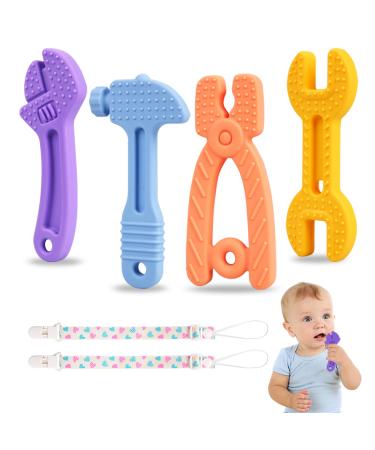 4 Pcs Baby Teething Toys Set Soft BPA Free Silicone Molar Teether Chew Toy Hammer Wrench Spanner Pliers Shape Teether for Toddlers Infant 6-12 Months Teething Relief Gums