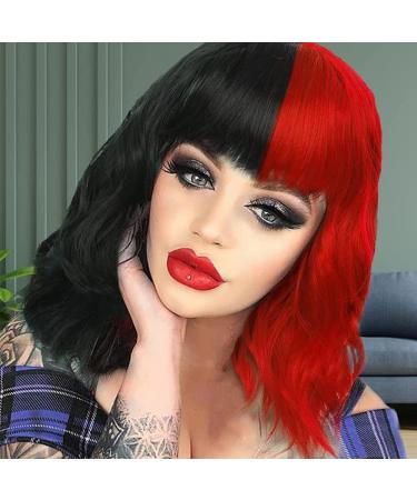 Creamily 14 Inches Black Red Wig for Women Girls Short Curly Synthetic Wig with Bangs Lovely Black and Red Bob Wavy Wig Cosplay Party Halloween Wig for Women E-Black and Red