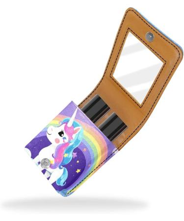 Mini Rainbow Unicorn Lipstick Case | Leather Lip Gloss Organizer with Mirror | Cute Cartoon Lipstick Holder Bag - Buy Online on GoSupps.com