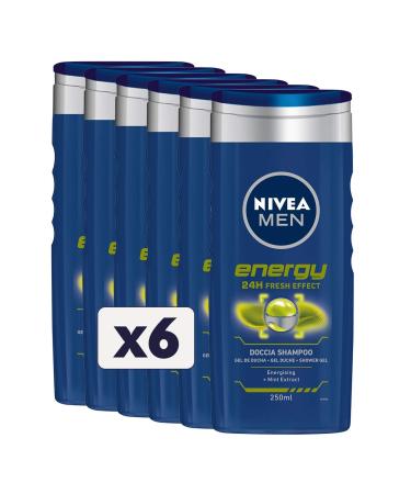 NIVEA MEN Energy Shower Shampoo 6 x 250 ml Men's Shower Revitalizing Body Face Hair Shower and Refreshing Men's Shampoo Mint Extract