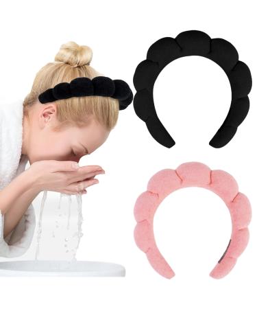 Bellisia Spa Headband for Washing Face Puffy Makeup Headband Terry Towel Cloth Fabric Skincare Headband Soft Bubble Hair Accessories for Makeup Removal Shower Facial Mask (Pink and Black)