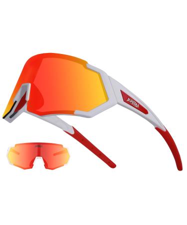 JEPOZRA Polarized Cycling Glasses with 3 Interchangeable Lenses,Riding Glasses Baseball Running Ski Sports Sunglasses White Red