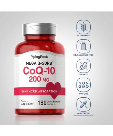 Piping Rock CoQ10 200mg - 180 Softgels | Enhanced Absorption Non-GMO & Gluten Free Supplement for Optimal Heart Health - Buy Online on GoSupps.com