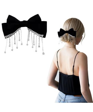AUOCATTAIL Black Large Bow Hair Clip Rhinestone Bow Fabric Ribbon With Tassel Pendant for Women Girls Hair Accessories
