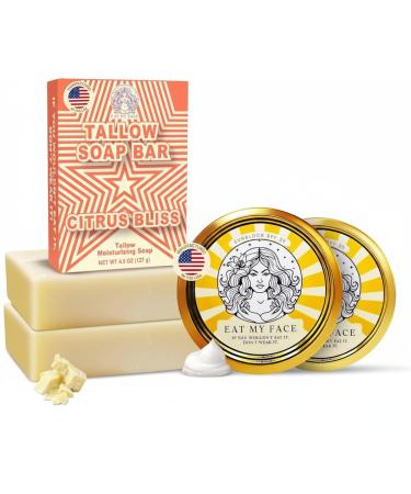Eat My Face 2 Beef Tallow Sunscreens SPF 30 & 2 Beef Tallow Soaps Bundle Organic Sunscreen for Face with Non Nano Zinc Oxide Citrus Bergamot Soap Bar Moisturizing Handmade Tallow Soap