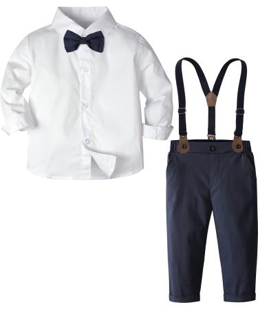 mintgreen Baby Boy Outfits Set 4pcs Infant Gentalman Wedding Suit Long Sleeves Striped Shirts + Trousers + Suspenders + Bowtie 18-24 Months White Blue