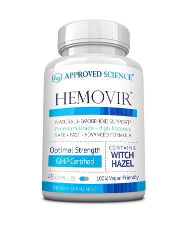 Approved Science Hemovir - Hemorrhoid Support Supplement - 45 Capsules - Stops Itching and Optimizes Blood Flow, Restores Damaged Skin Tissue - Vegan, Non GMO, Made in The USA 1 Bottle Supply