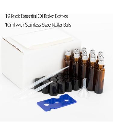 12 Pack 10ml Amber Glass Essential Oil Roller Bottles with Stainless Steel Roller Balls and Accessories | Labels, Openers, Funnels, Droppers Included - Buy Online on GoSupps.com