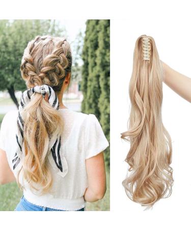 24"/60cm Curly Claw On Ponytail Extension Matte Material Wavy Clip In Pony tail Synthetic Hairpiece For Women Dark Blonde Mix Bleach Blonde 24 Inch Dark Blonde Mix Bleach Blonde