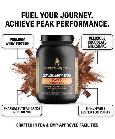 Conquest Nutrition Conquistador Premium Whey Protein Powder Chocolate Milkshake Flavor, 25 gm, Digestive Enzyme Blend, 5.1g BCAA s, 0g Added Sugar, Supports Muscle Recovery - 28 Servings - Buy Online on GoSupps.com