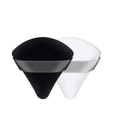QLines Powder Puff 2 Pcs - Triangle Powder Puffs - Soft & Resuable Foundation Makeup Sponge with Silky Ribbon - Perfect for Pressed and Loose Powder Dry & Wet Makeup Black White