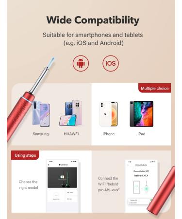 BEBIRDPRO Ear Wax Removal Tool with HD Camera and 6 LED Lights - Safely Clean Ear Canal at Home | Ear Cleaner for iOS Android Smart Phones - M9 Red - Buy Online on GoSupps.com