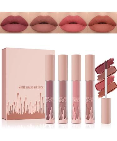 Matte Liquid Lipstick Nude Red Lipstick Moisture Smooth Lip Stain Tint Non-Fading Long-Lasting Moisturizing High Impact Lip 4 Colors Cup Not Fade Long Wear Waterproof Lip Gloss Lipstick Gift