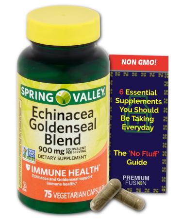 PREMIUM-FUSION Echinacea Goldenseal Blend Capsules 900 mg 75 Ct from Spring Valley. + Vitamin Pouch and Guide to Supplements