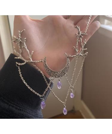 Oralgo Gothic Necklace: Vintage Lunar Branch with Violet Crystal Water Drop Pendant - Fashionable Pagan Witch Jewelry for Women - Buy Online on GoSupps.com