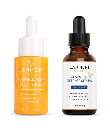 Lanmeri Ceuticals Vitamin C Serum Duo Classic Pure Radiance + Advanced Defense Serum | 15% Vitamin C Antioxidant Set for Healthy-Looking Radiant Skin (2 x 1 fl oz)