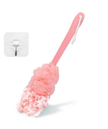 Back Scrubber Brush Shower Loofah for Men or Women 17 Body Scrubber Long Handle Sponge with Bath Brush Net Soft Mesh Back Washer Exfoliating and Removing Dead Skin Bath Scrubber (Pink)