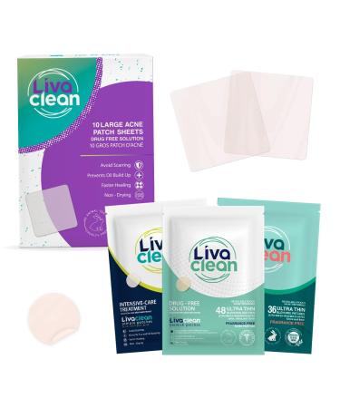 Livaclean (120 Count 3 Pack) Mixed bundle of Regular (48) Salicylic Acid (36) and T.Tree (36) Hydrocolloid Patches + 10 Count Large Square Patches 130 Count Mixed Pack