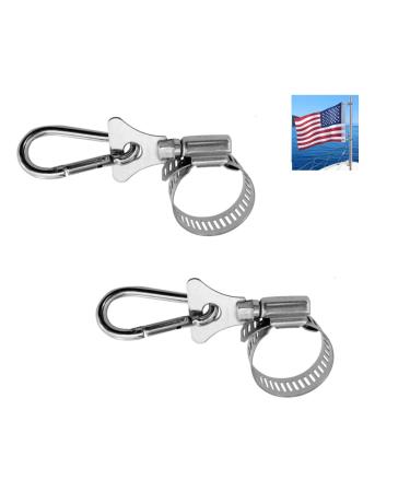 Boat Flag Pole Clips with Carabiner Clamp for Grommet Flag Mounts, Stainless Steel Pole Clips Carabiner Clips, For Flag Poles 0.75 to 1.2 Inch in Diameter, Easy to Use, 2 Pack (Flag and Pole Not Included) 2 Pack silver